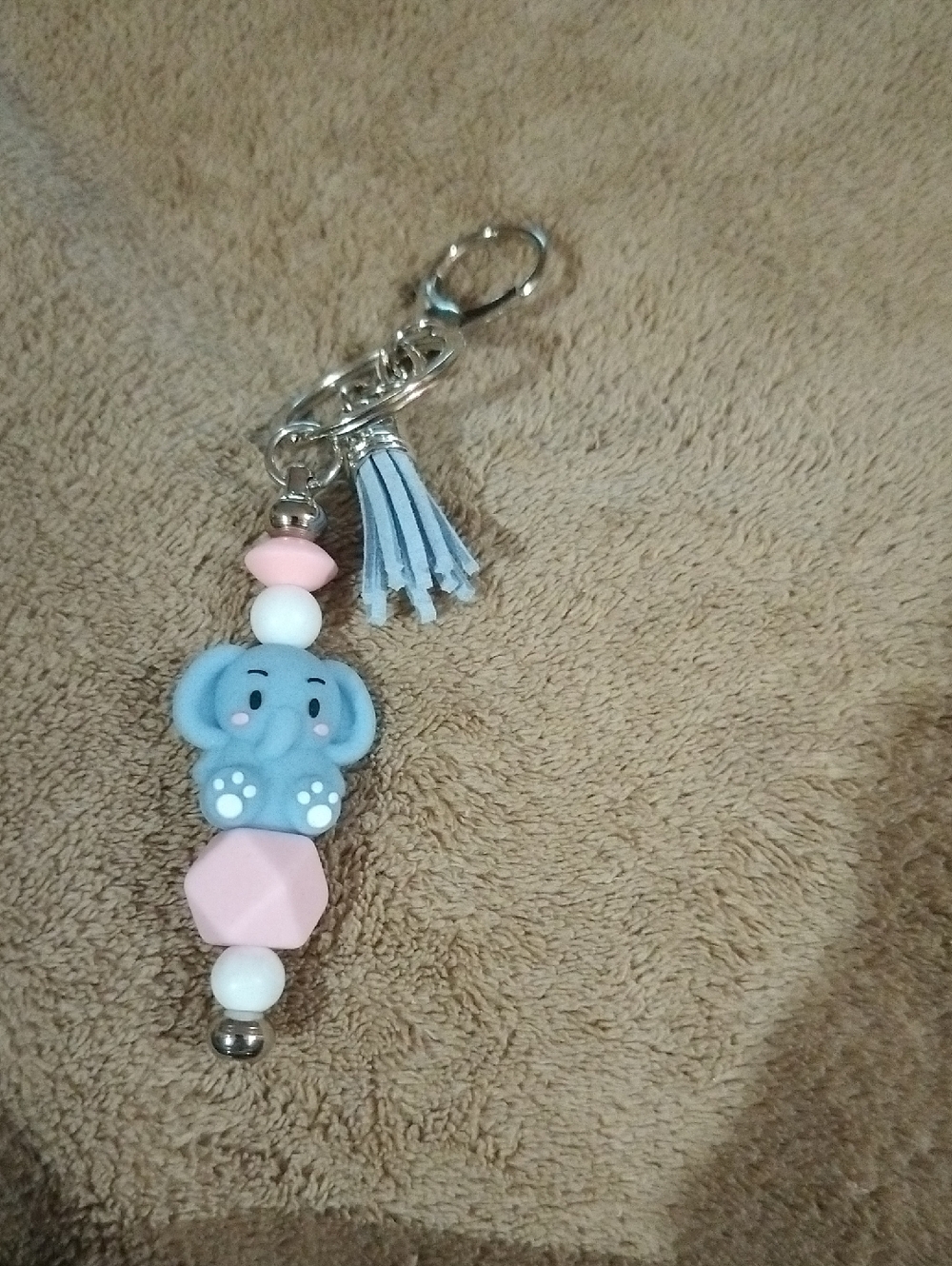 Blue Elephant Beaded Keychain with Pink Accents
